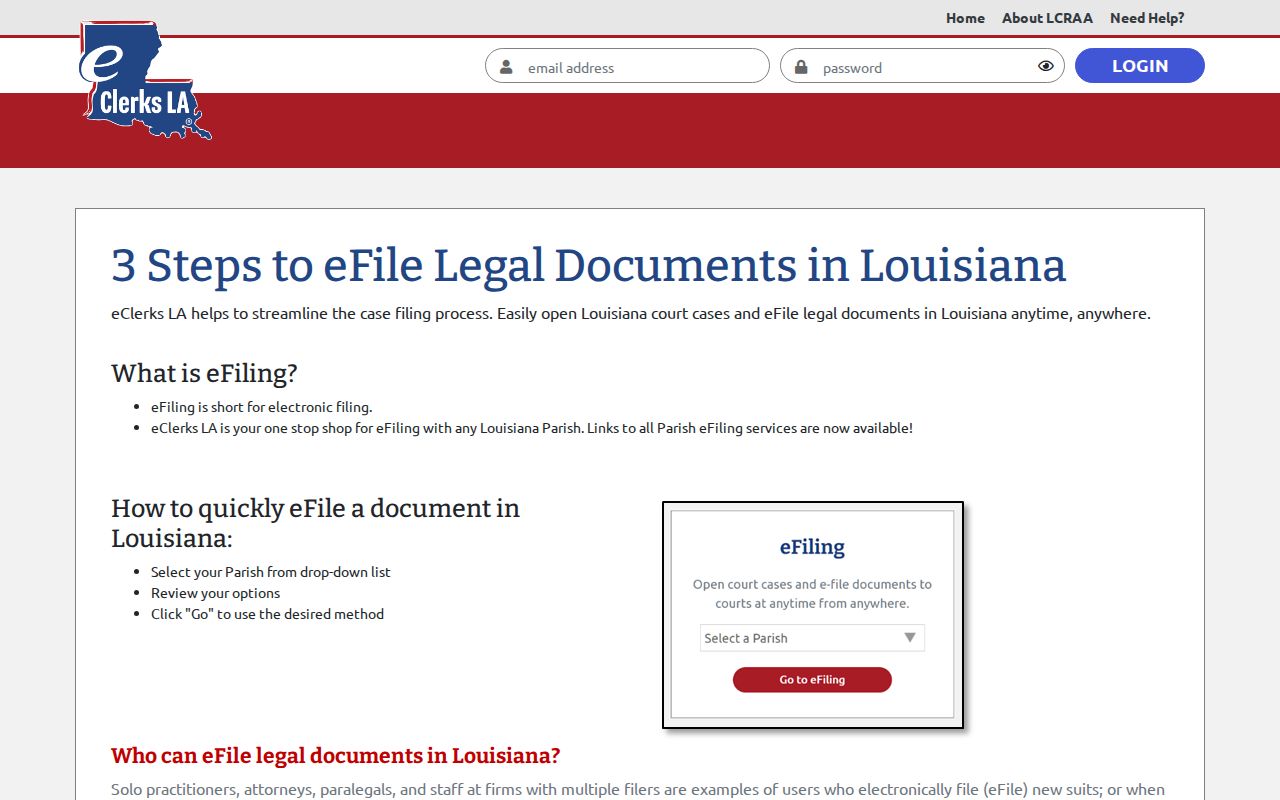 eClerks LA explanation of parish e-filing services