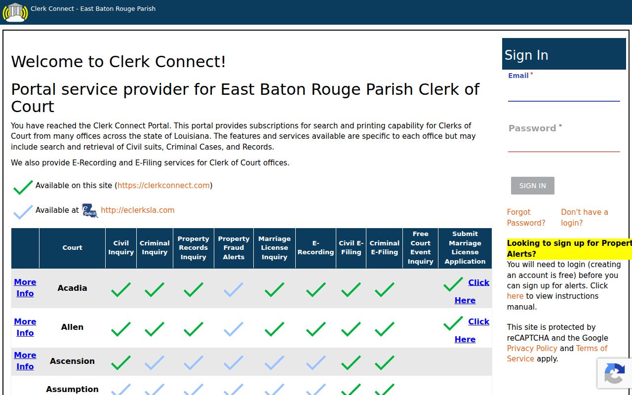 Clerk Connect portal description for civil criminal and land record services
