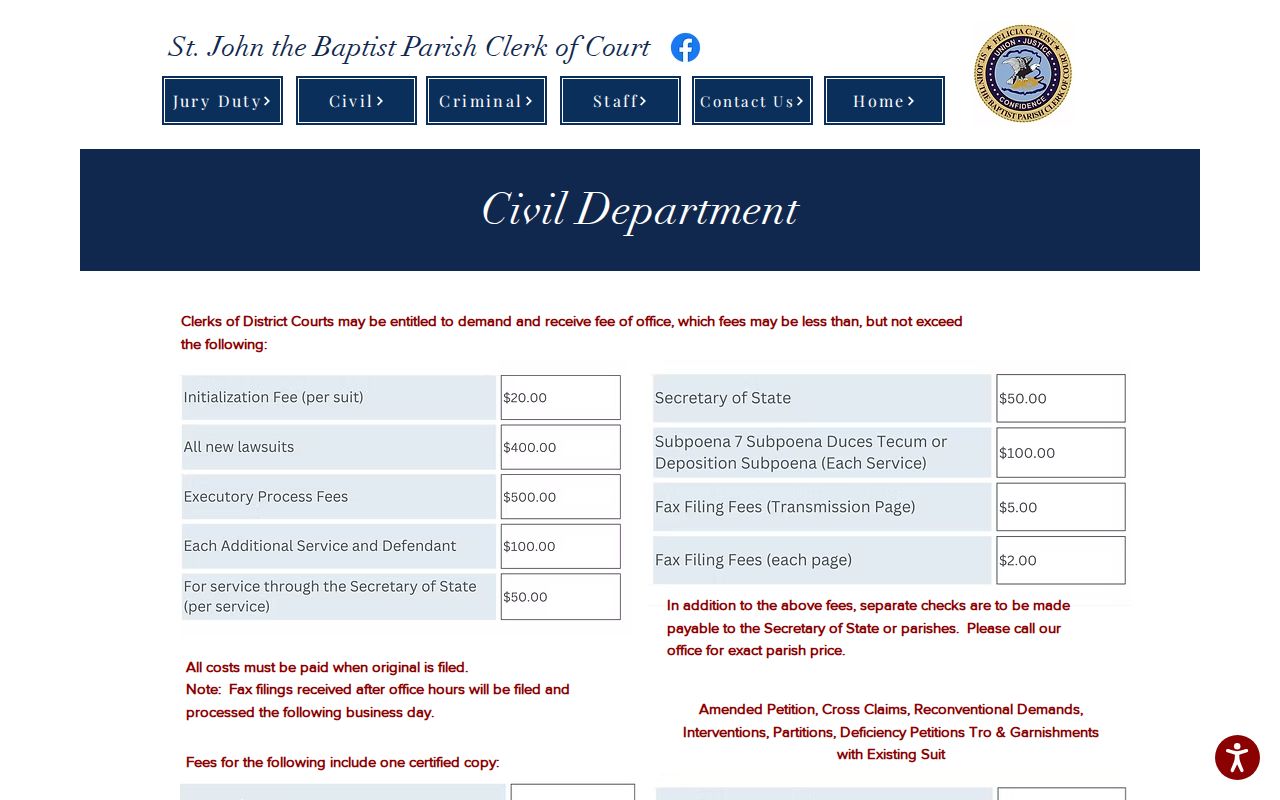 St. John the Baptist Parish civil docket Clerk Civil Department resources