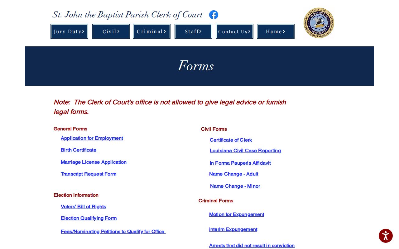 St. John the Baptist Parish civil docket Clerk forms page