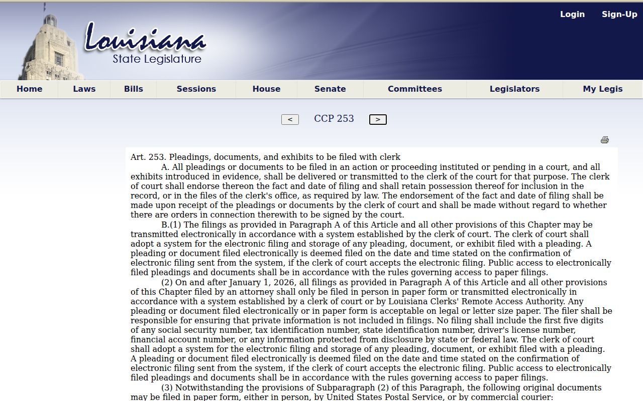 St. John the Baptist Parish civil docket Louisiana electronic filing law
