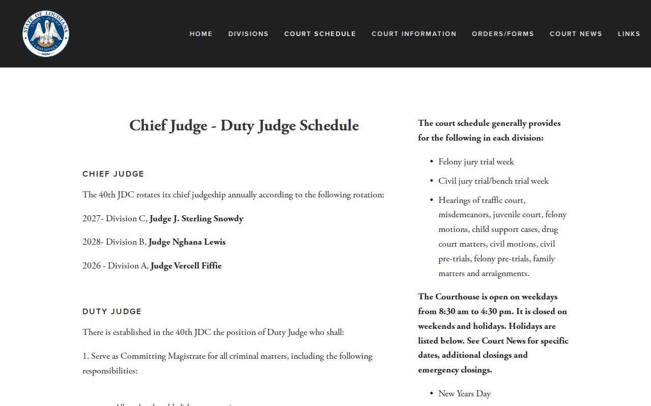 St. John the Baptist Parish court dates 40th JDC schedule