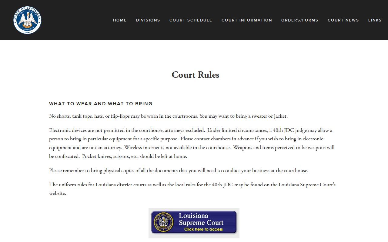 St. John the Baptist Parish court dates 40th JDC local court rules