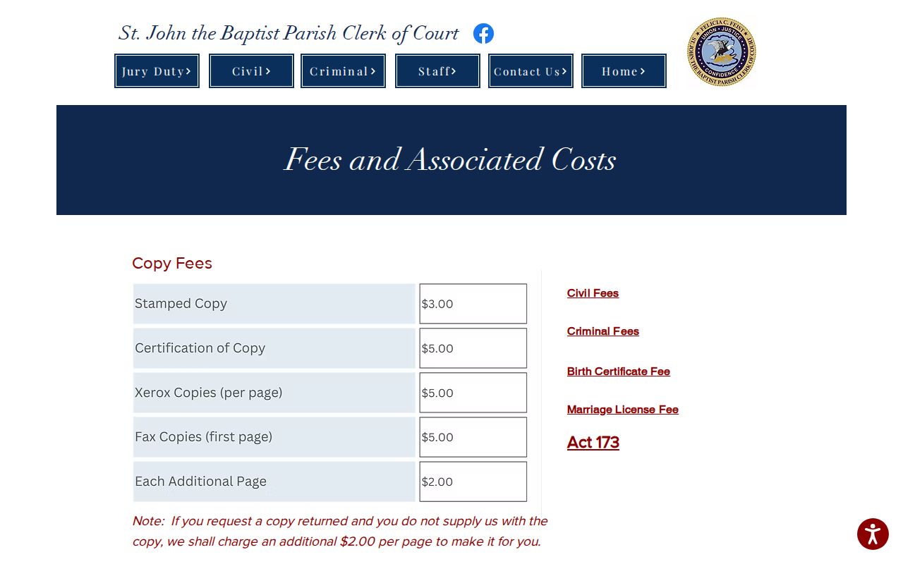 St. John Parish Clerk fee page for copies and record services