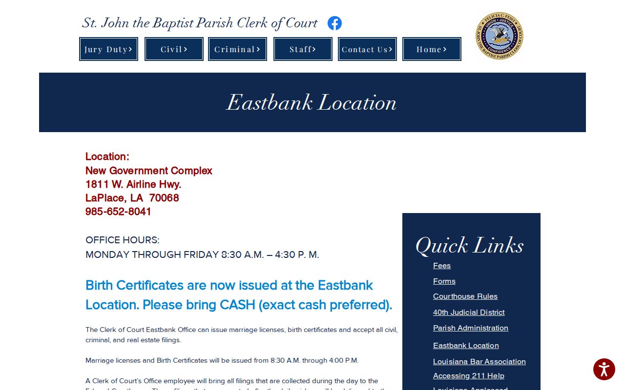 St. John Parish Clerk Eastbank service office information