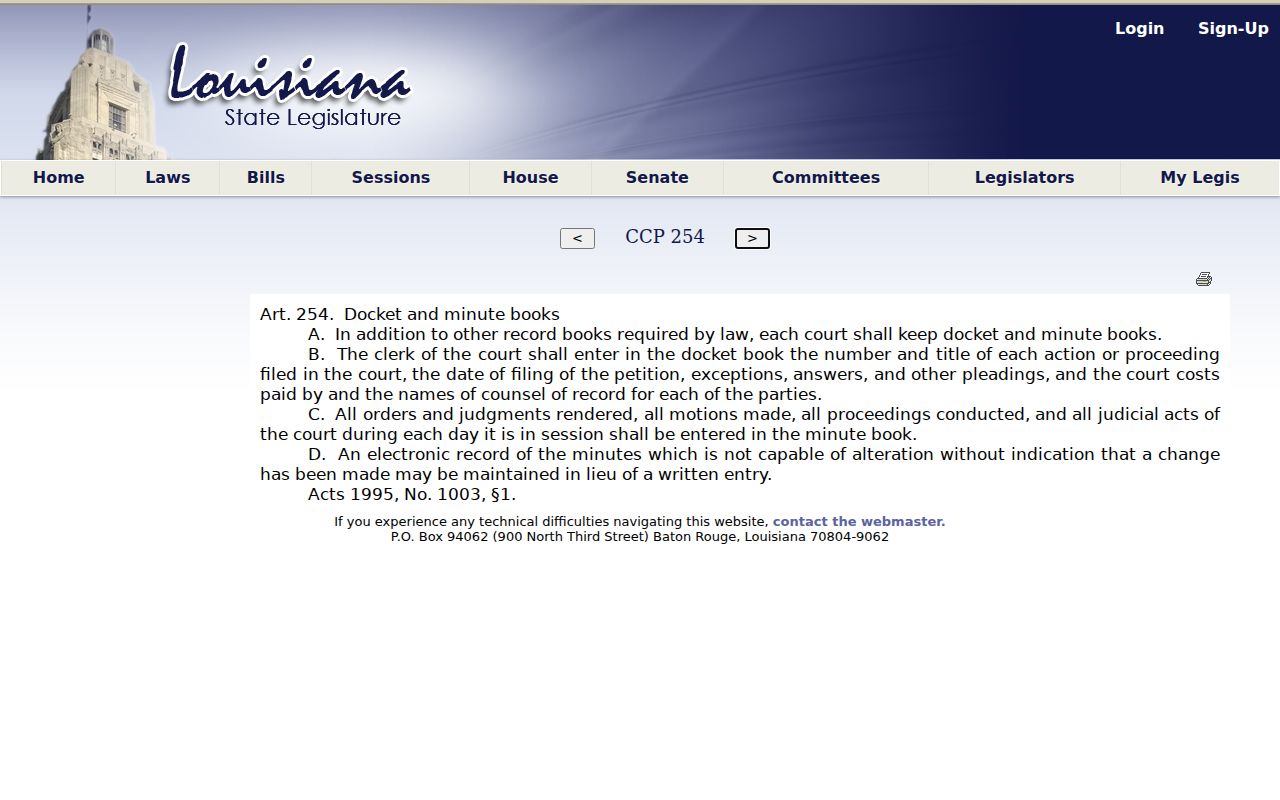 Louisiana Code of Civil Procedure article 254 docket and minute record text