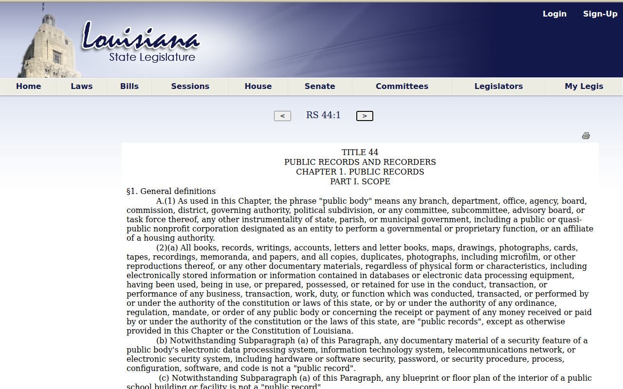 Louisiana Public Records Law statutory page