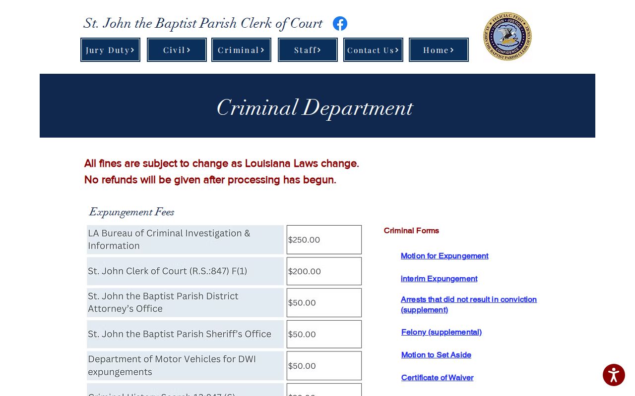St. John the Baptist Parish criminal docket Clerk Criminal Department resources