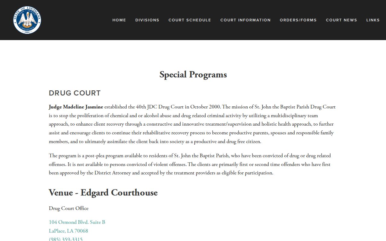 St. John the Baptist Parish criminal docket 40th JDC specialty court information