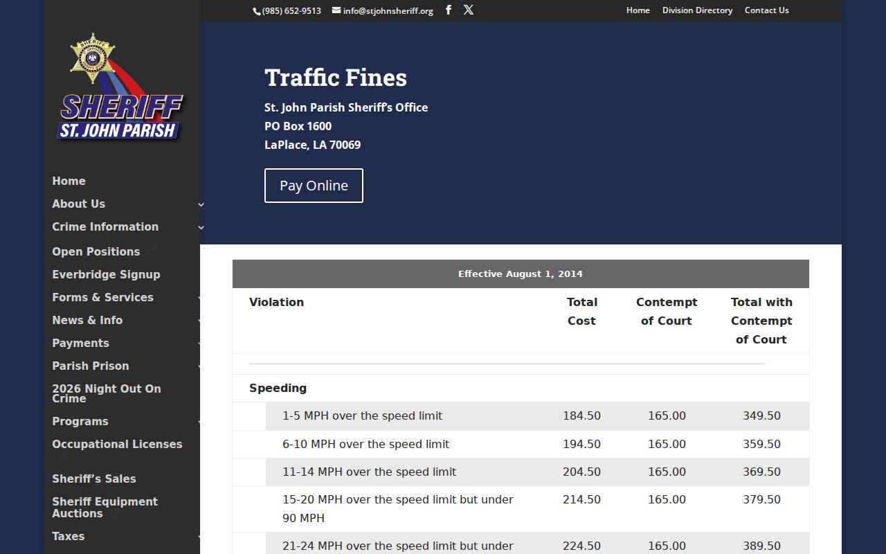 St. John Parish Sheriff traffic fines and ticket information page