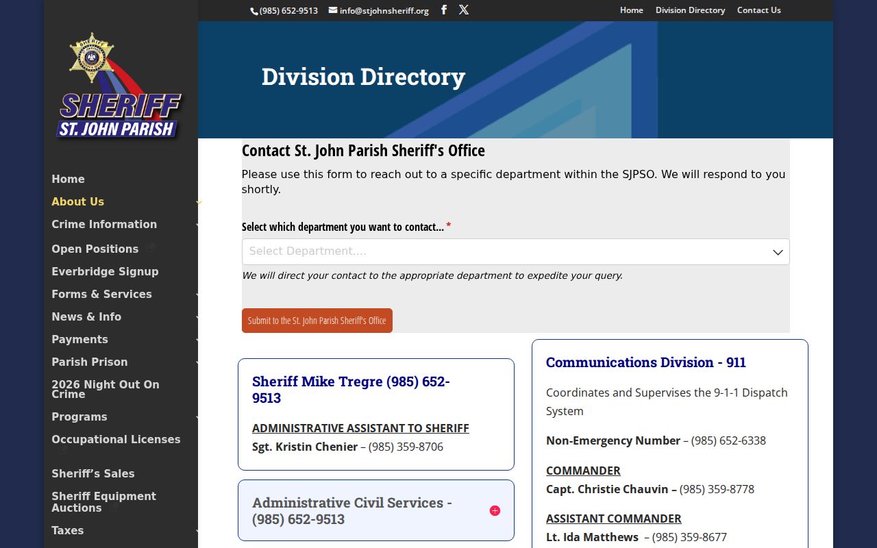 St. John Parish Sheriff division directory with tickets bonds and fines contacts