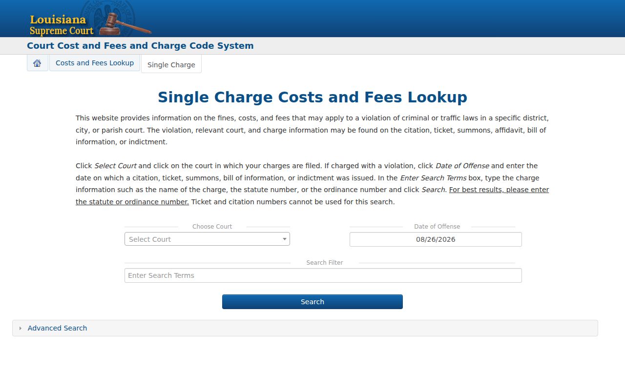 Louisiana Supreme Court charge code and cost lookup interface