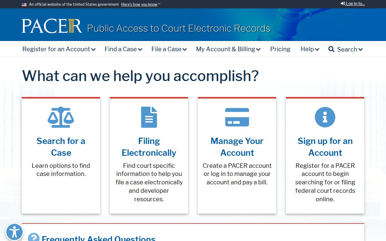 PACER federal court case information and account access page