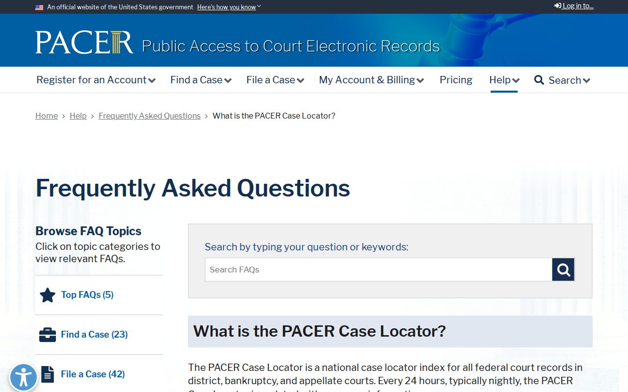 PACER Case Locator federal case search explanation