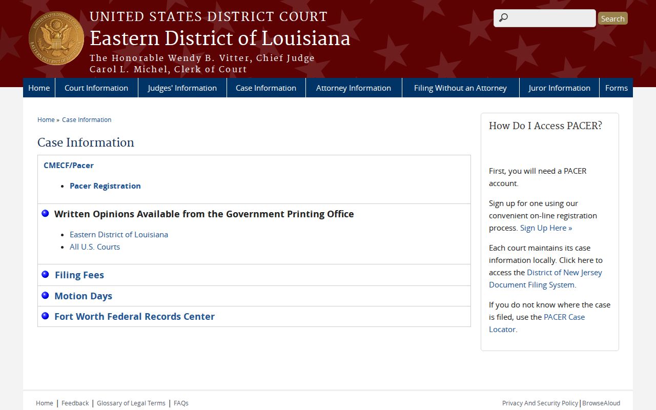 Eastern District of Louisiana federal case information page
